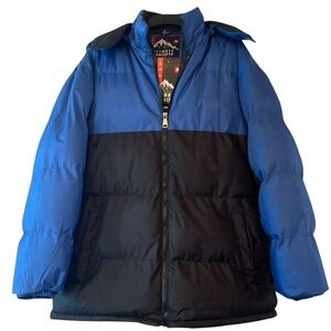 NWT MENS Blue and Black Color-block Bubble Puffer Jacket. Size M